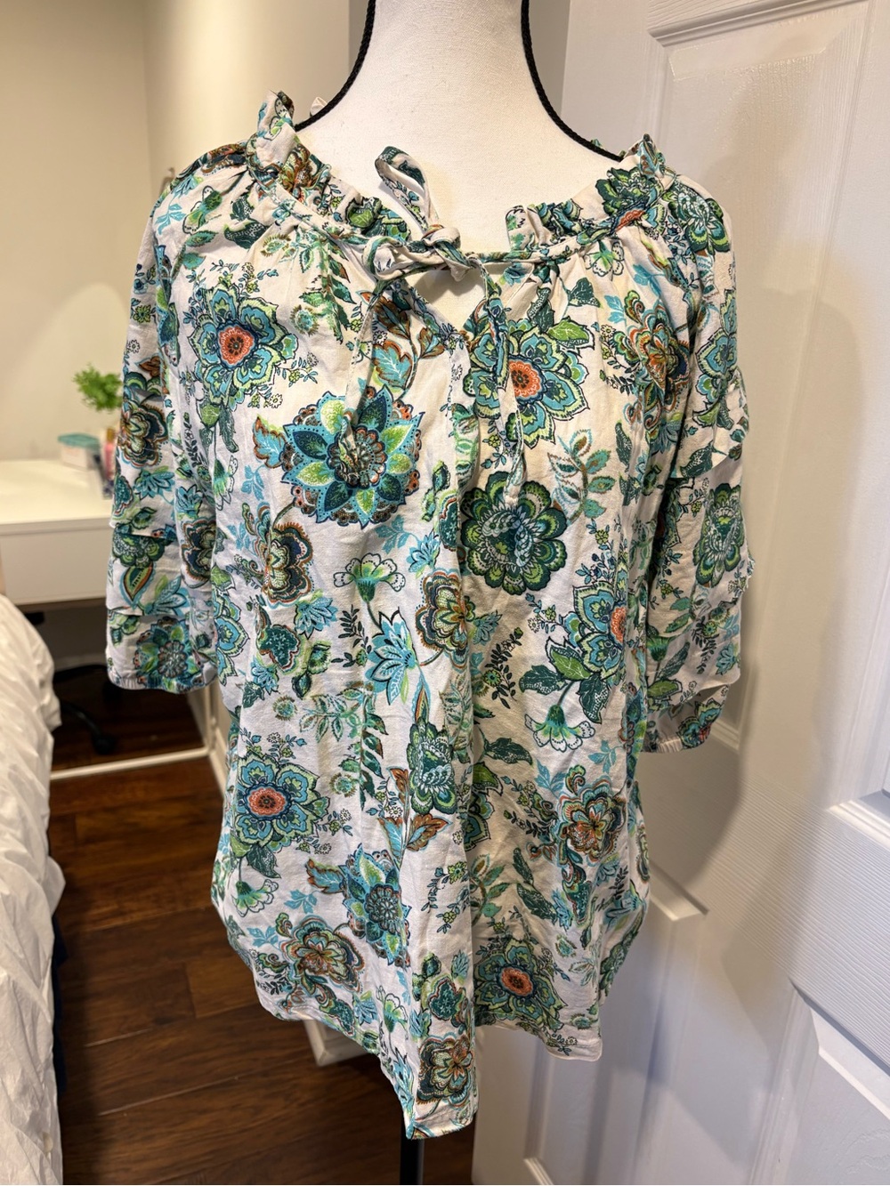 🌷4OUR DREAMERS Boho Floral Peasant Blouse Cottagecore Blue Green Large 3/$30